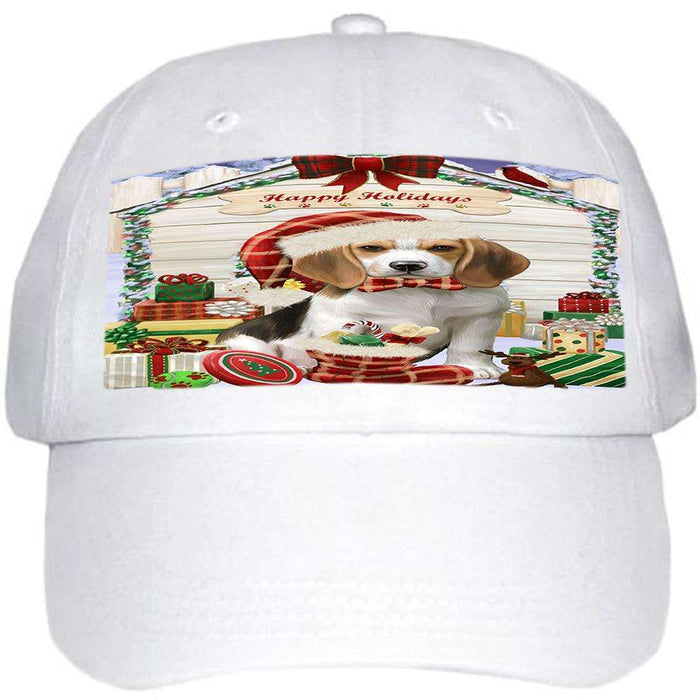 Happy Holidays Christmas Beagle Dog House with Presents Ball Hat Cap HAT57711