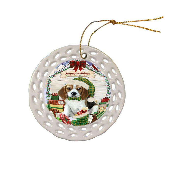 Happy Holidays Christmas Beagle Dog House with Presents Ceramic Doily Ornament DPOR51324