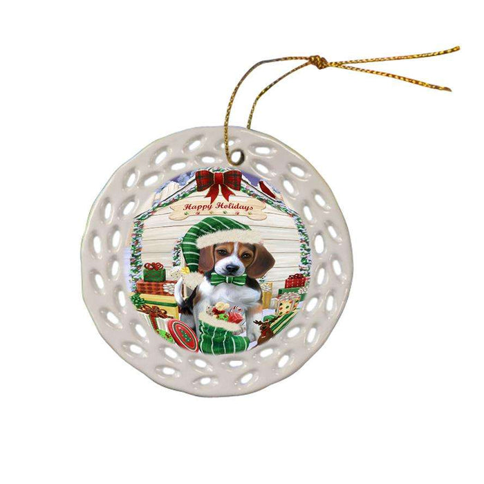 Happy Holidays Christmas Beagle Dog House with Presents Ceramic Doily Ornament DPOR51325