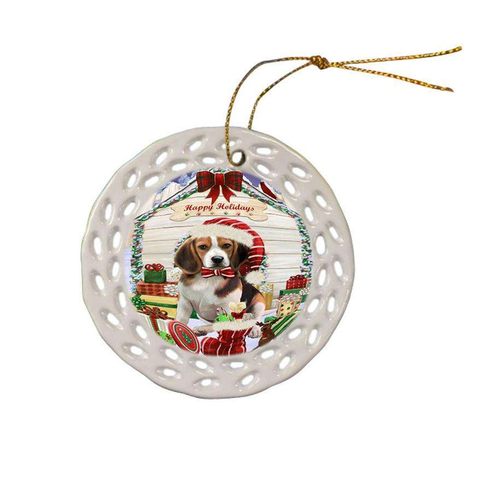 Happy Holidays Christmas Beagle Dog House with Presents Ceramic Doily Ornament DPOR51327