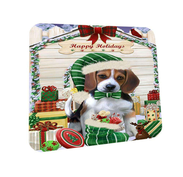 Happy Holidays Christmas Beagle Dog House with Presents Coasters Set of 4 CST51284