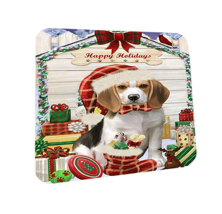 Happy Holidays Christmas Beagle Dog House with Presents Coasters Set of 4 CST51285