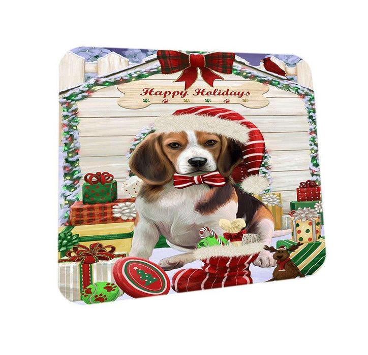 Happy Holidays Christmas Beagle Dog House with Presents Coasters Set of 4 CST51286