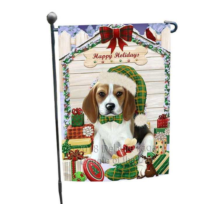 Happy Holidays Christmas Beagle Dog House with Presents Garden Flag GFLG51246