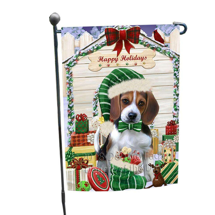 Happy Holidays Christmas Beagle Dog House with Presents Garden Flag GFLG51247