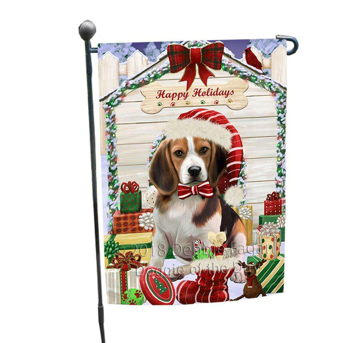 Happy Holidays Christmas Beagle Dog House with Presents Garden Flag GFLG51249