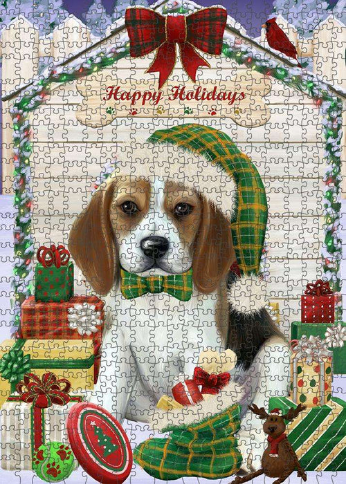Happy Holidays Christmas Beagle Dog House with Presents Puzzle with Photo Tin PUZL57834