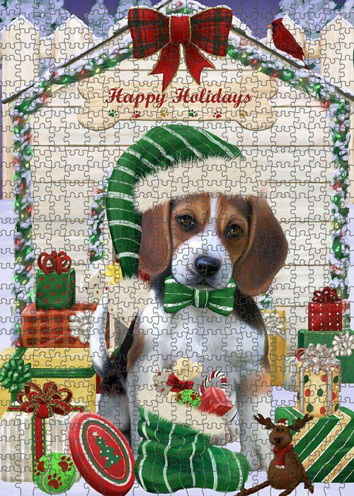 Happy Holidays Christmas Beagle Dog House with Presents Puzzle with Photo Tin PUZL57837