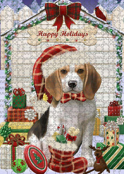 Happy Holidays Christmas Beagle Dog House with Presents Puzzle with Photo Tin PUZL57840