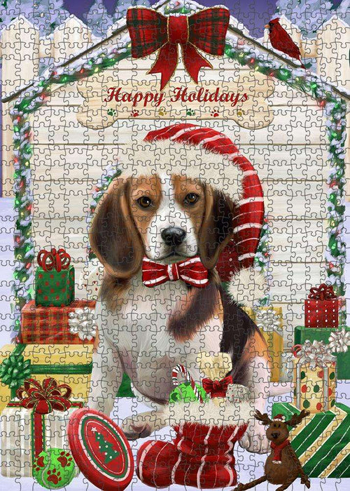 Happy Holidays Christmas Beagle Dog House with Presents Puzzle with Photo Tin PUZL57843