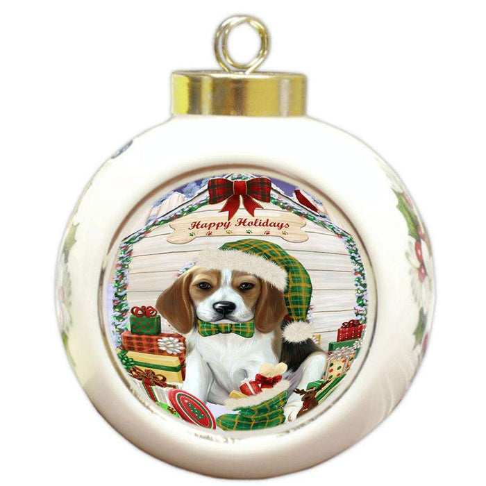 Happy Holidays Christmas Beagle Dog House with Presents Round Ball Christmas Ornament RBPOR51324