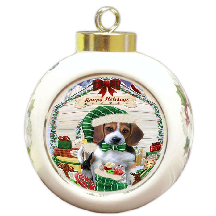Happy Holidays Christmas Beagle Dog House with Presents Round Ball Christmas Ornament RBPOR51325