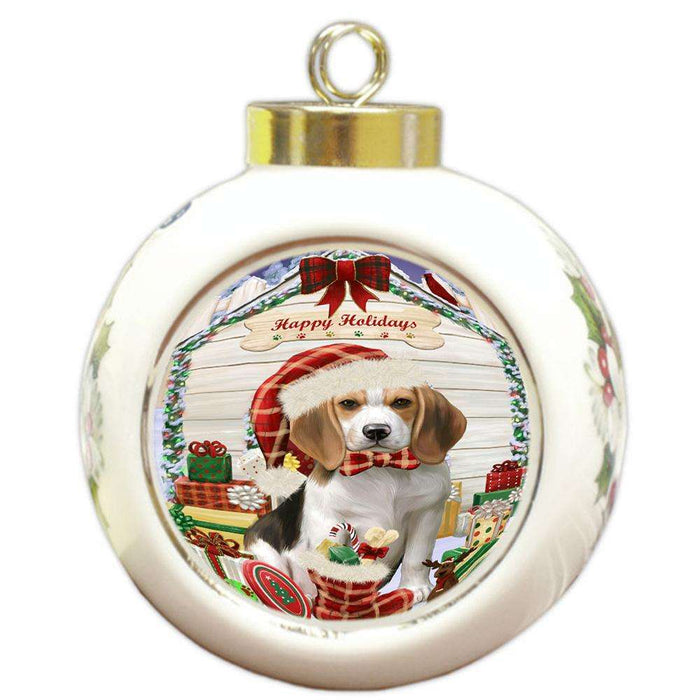 Happy Holidays Christmas Beagle Dog House with Presents Round Ball Christmas Ornament RBPOR51326
