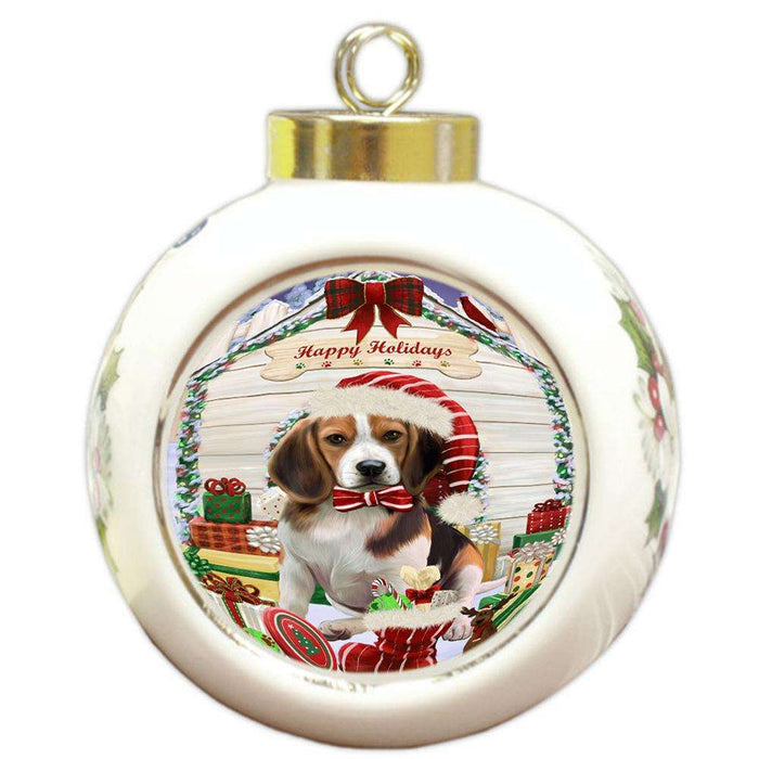Happy Holidays Christmas Beagle Dog House with Presents Round Ball Christmas Ornament RBPOR51327
