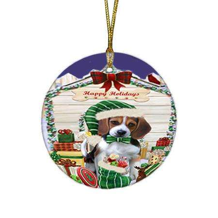 Happy Holidays Christmas Beagle Dog House with Presents Round Flat Christmas Ornament RFPOR51316