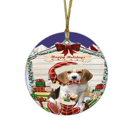 Happy Holidays Christmas Beagle Dog House with Presents Round Flat Christmas Ornament RFPOR51317