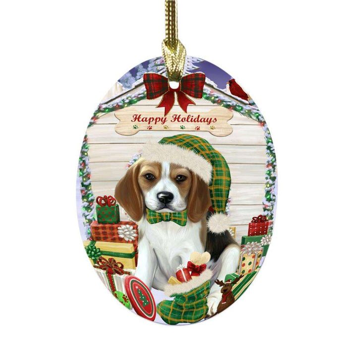 Happy Holidays Christmas Beagle House With Presents Oval Glass Christmas Ornament OGOR49774