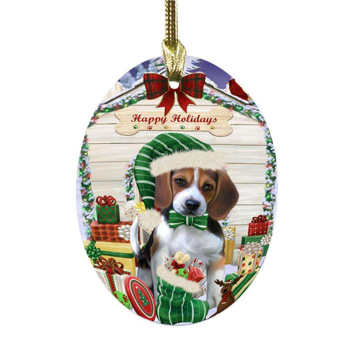 Happy Holidays Christmas Beagle House With Presents Oval Glass Christmas Ornament OGOR49775