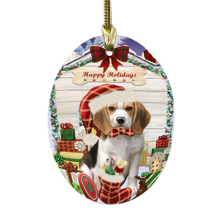 Happy Holidays Christmas Beagle House With Presents Oval Glass Christmas Ornament OGOR49776