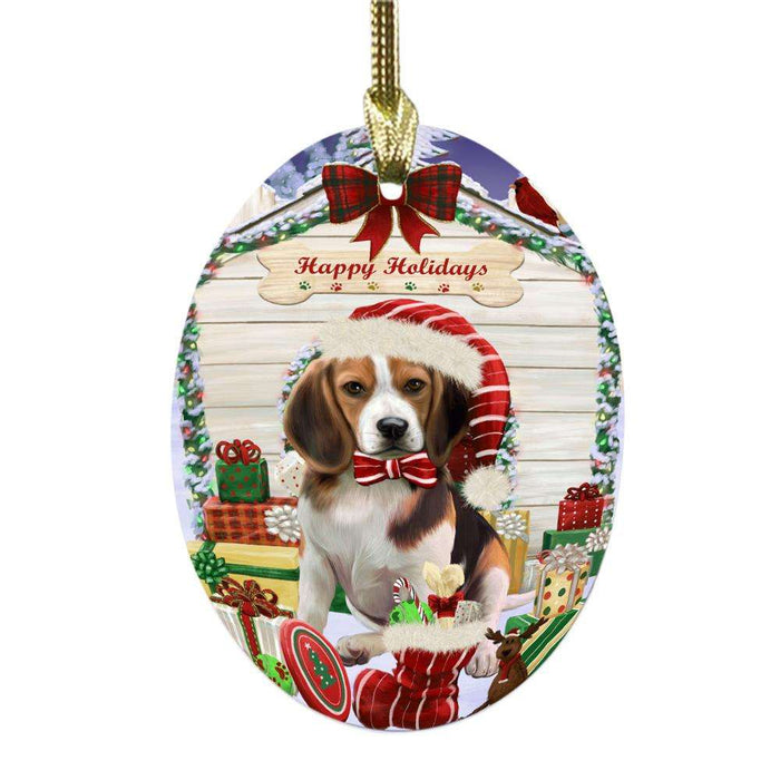 Happy Holidays Christmas Beagle House With Presents Oval Glass Christmas Ornament OGOR49777