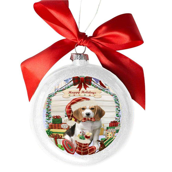 Happy Holidays Christmas Beagle House With Presents White Round Ball Christmas Ornament WBSOR49776