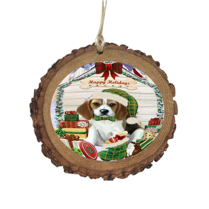 Happy Holidays Christmas Beagle House With Presents Wooden Christmas Ornament WOR49774