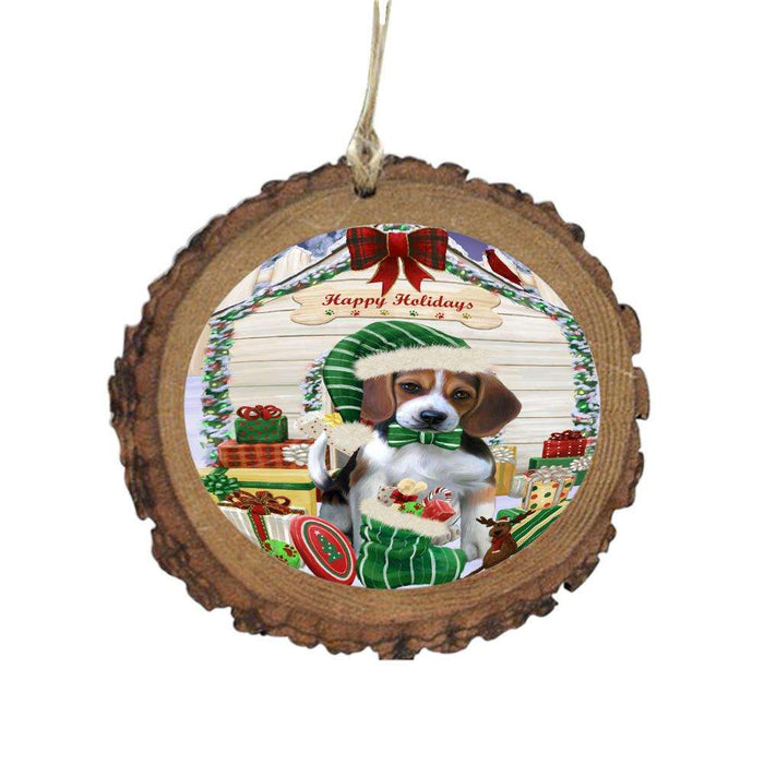 Happy Holidays Christmas Beagle House With Presents Wooden Christmas Ornament WOR49775