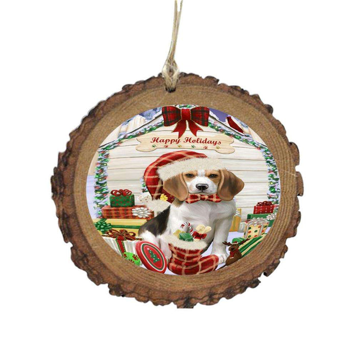 Happy Holidays Christmas Beagle House With Presents Wooden Christmas Ornament WOR49776