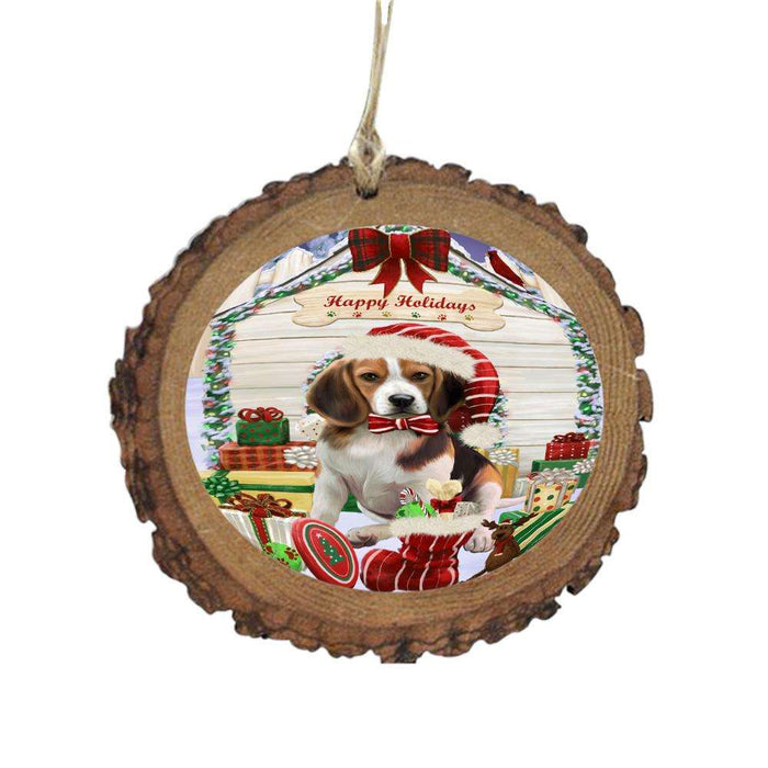 Happy Holidays Christmas Beagle House With Presents Wooden Christmas Ornament WOR49777