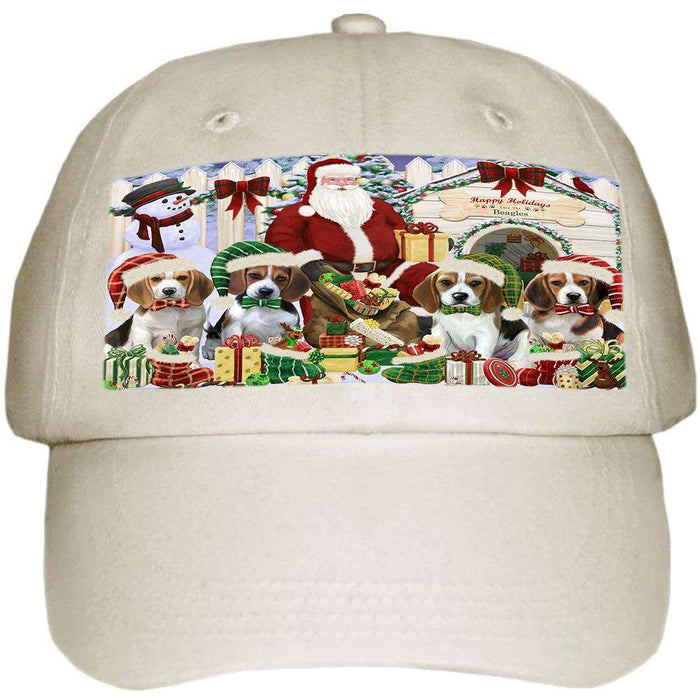 Happy Holidays Christmas Beagles Dog House Gathering Ball Hat Cap HAT57564
