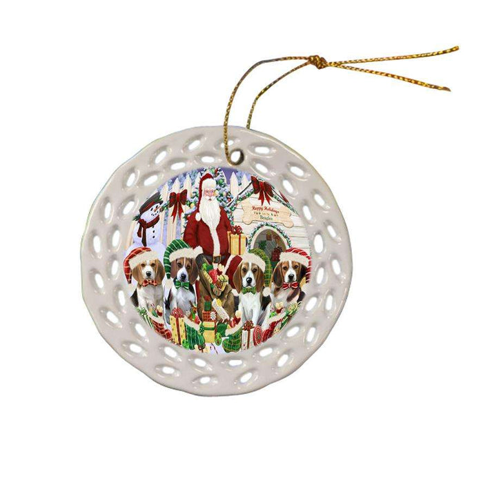 Happy Holidays Christmas Beagles Dog House Gathering Ceramic Doily Ornament DPOR51277