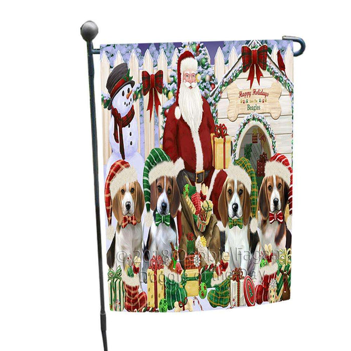 Happy Holidays Christmas Beagles Dog House Gathering Garden Flag GFLG51199