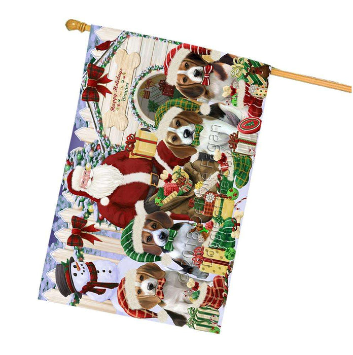 Happy Holidays Christmas Beagles Dog House Gathering House Flag FLG51335