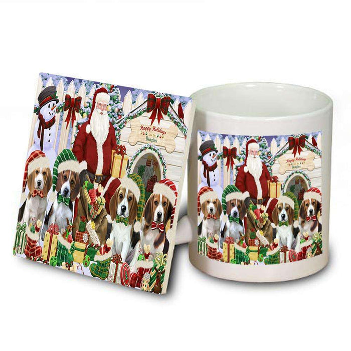 Happy Holidays Christmas Beagles Dog House Gathering Mug and Coaster Set MUC51269
