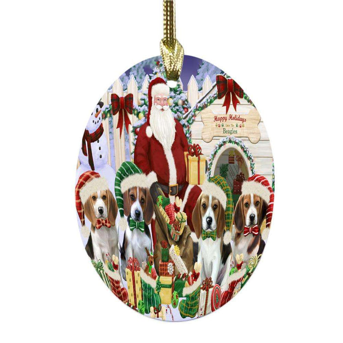 Happy Holidays Christmas Beagles Dog House Gathering Oval Glass Christmas Ornament OGOR49680