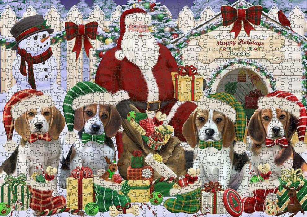 Happy Holidays Christmas Beagles Dog House Gathering Puzzle with Photo Tin PUZL57693