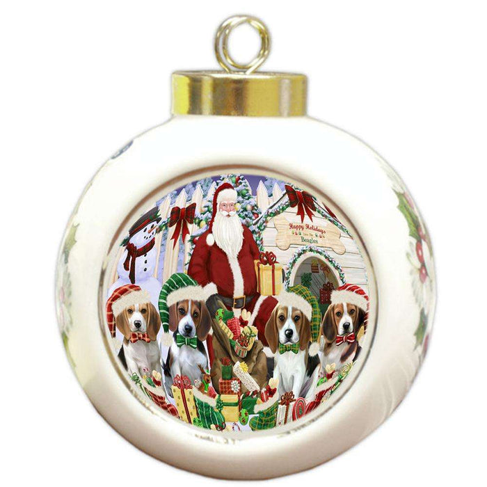 Happy Holidays Christmas Beagles Dog House Gathering Round Ball Christmas Ornament RBPOR51277