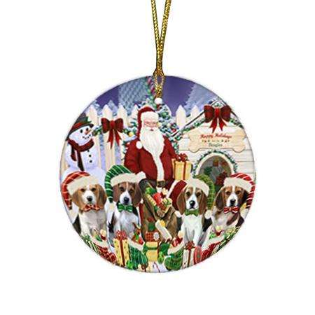 Happy Holidays Christmas Beagles Dog House Gathering Round Flat Christmas Ornament RFPOR51268