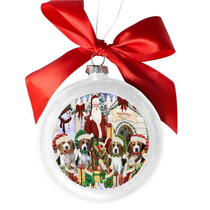 Happy Holidays Christmas Beagles Dog House Gathering White Round Ball Christmas Ornament WBSOR49680