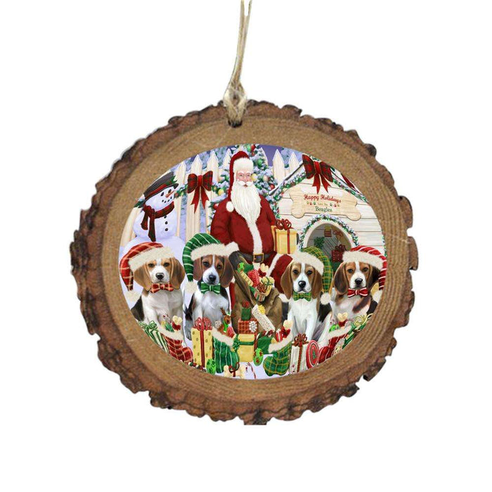 Happy Holidays Christmas Beagles Dog House Gathering Wooden Christmas Ornament WOR49680