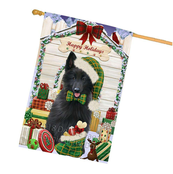 Happy Holidays Christmas Belgian Shepherd Dog House with Presents House Flag FLG51386