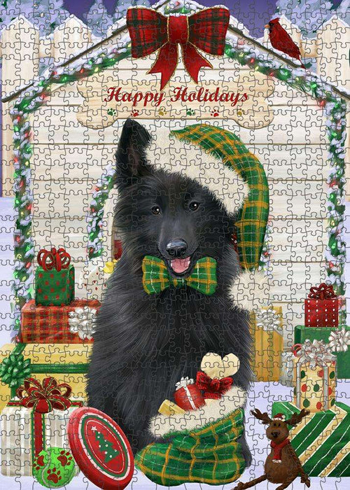 Happy Holidays Christmas Belgian Shepherd Dog House with Presents Puzzle with Photo Tin PUZL57846