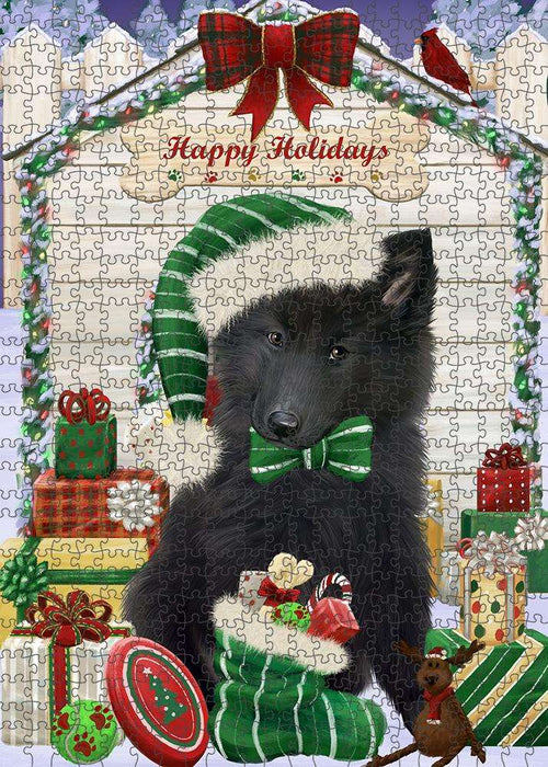 Happy Holidays Christmas Belgian Shepherd Dog House with Presents Puzzle with Photo Tin PUZL57849