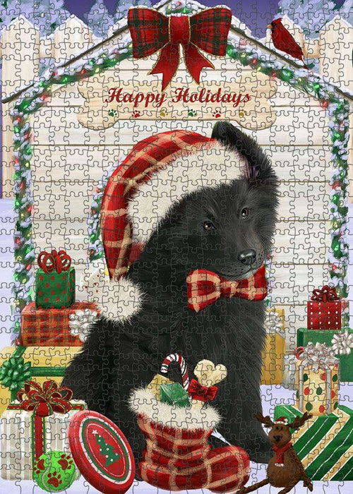 Happy Holidays Christmas Belgian Shepherd Dog House with Presents Puzzle with Photo Tin PUZL57852
