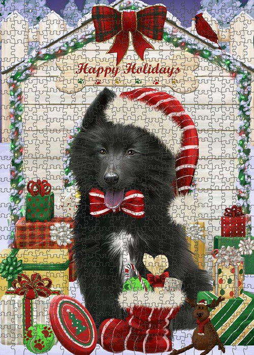 Happy Holidays Christmas Belgian Shepherd Dog House with Presents Puzzle with Photo Tin PUZL57855