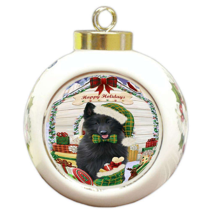Happy Holidays Christmas Belgian Shepherd Dog House with Presents Round Ball Christmas Ornament RBPOR51328