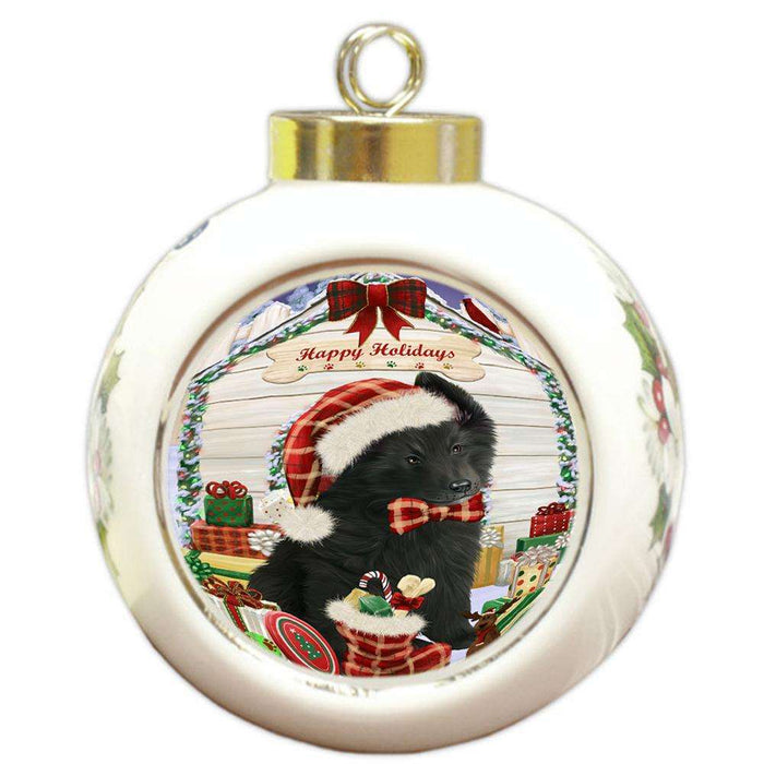 Happy Holidays Christmas Belgian Shepherd Dog House with Presents Round Ball Christmas Ornament RBPOR51330
