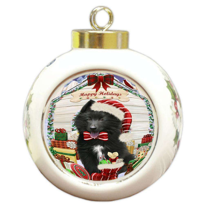 Happy Holidays Christmas Belgian Shepherd Dog House with Presents Round Ball Christmas Ornament RBPOR51331