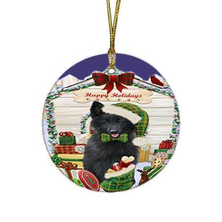 Happy Holidays Christmas Belgian Shepherd Dog House with Presents Round Flat Christmas Ornament RFPOR51319
