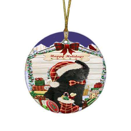 Happy Holidays Christmas Belgian Shepherd Dog House with Presents Round Flat Christmas Ornament RFPOR51321